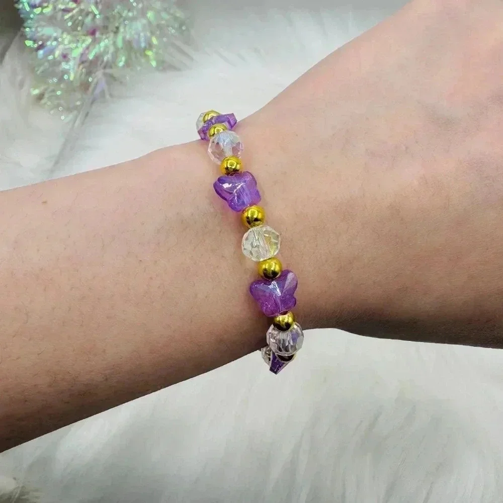 Purple Butterfly Charm Beaded Bracelet
